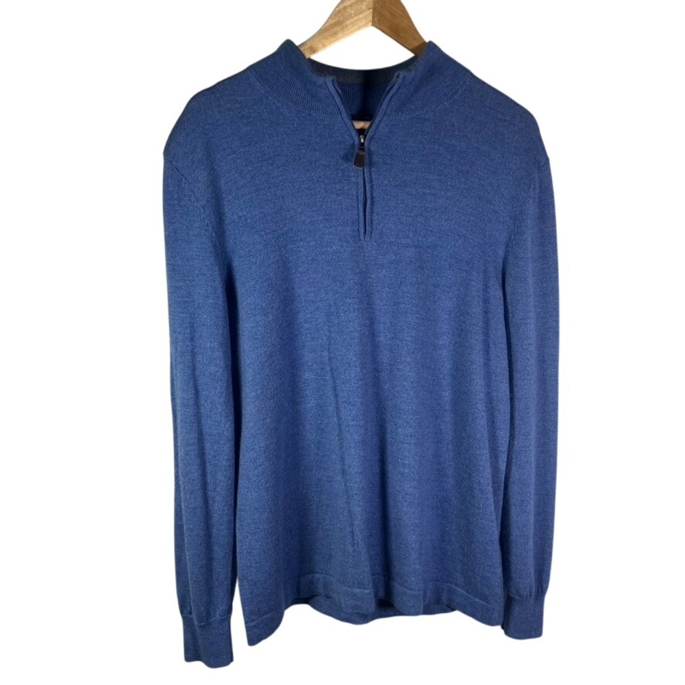 Jos A Bank Traveler Men Merino Wool Blue 1/4 Zip Pullover Sweater Classic Luxury